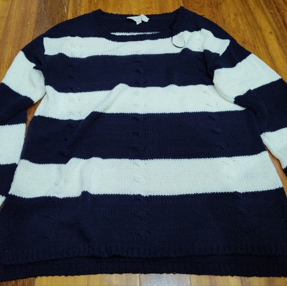 Blue and White Crew Neck Striped Sweater